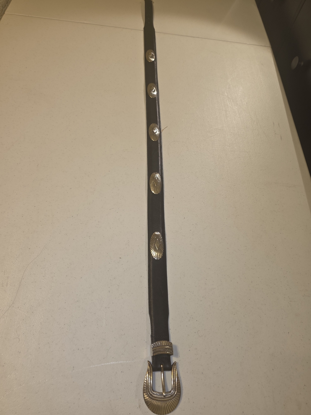 Onyx Black Leather Western Belt with Gold Conchos